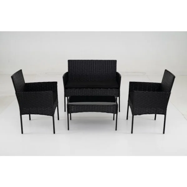 COSTWAY Sæt 4 Stykker Bord og 2 Havestole i PE-Rattan, 2-Personers Sofa, Udendørs Møbler med Sorte Puder