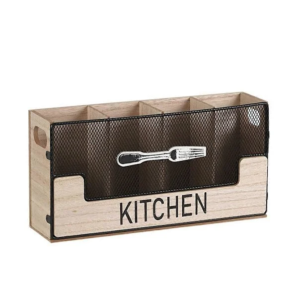 Kitchen Countertop Utensil Holder Metal Paired with Wood Cutlery Organizer 4 Compartments for Spatula Utensils Flatware, Black