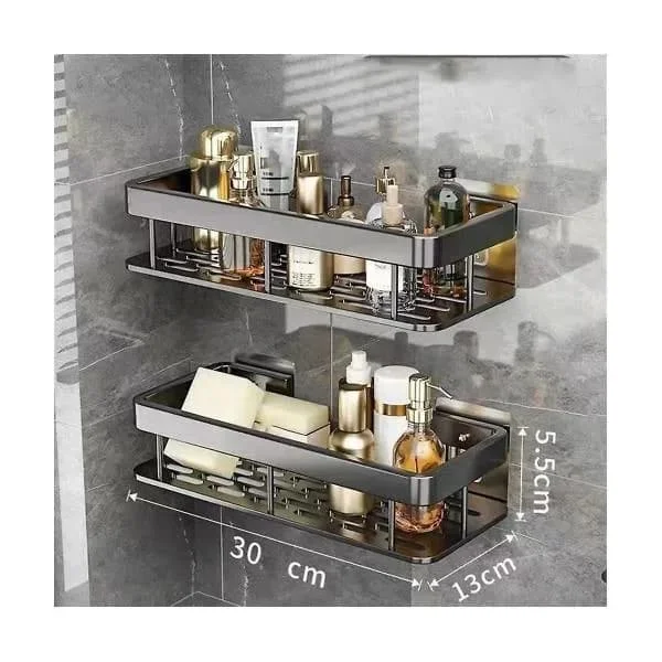 2-pack Bathroom Shelves No Drilling, Wall Mounted Aluminum Shower Storage Shelf for Bathroom Kitchen Black 30cm