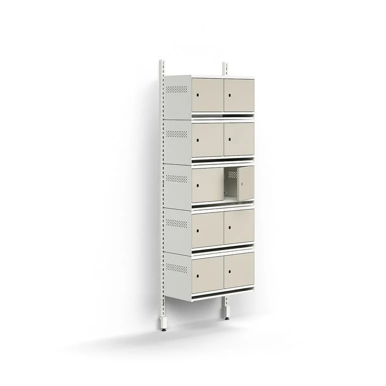 Shoe cabinet ENTRY, basic wall unit, 10 metal doors, 1800x600x300 mm, white/grey