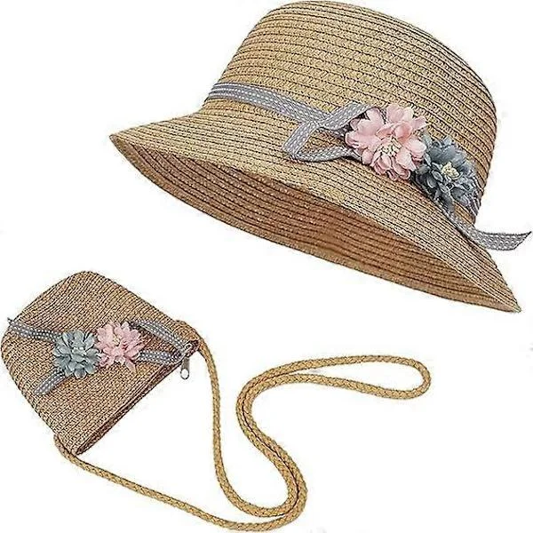 Solhat Sommer Strand Stråhatte og Mini Søde Pung Sæt med Blomster Dekoration til Udendørs Aktiviteter