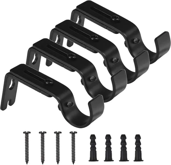 Curtain Rod Bracket, 4 Pcs Adjustable Wall Brackets, Metal Curtain Rod Holder, Curtain Bracket with 8 Mounting Screws for Curtain Rods (Black)
