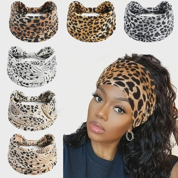 Brett Hårband Dam Knutet Turban Hårband Elastiskt Halkfritt Hårband Bohemisk Stil Turban Fitness Leopardtryck Yoga Bomull Hårscarf