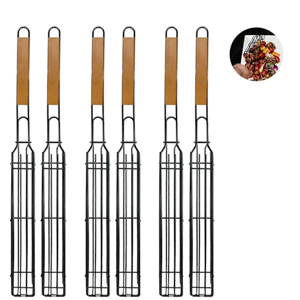 Grillkurv for grill, non-stick, enkel kabob-kurv, grillspyd, firkantet grillrist med trehåndtak for stekte grønnsaker, pølser, kjøtt, 2 stk.