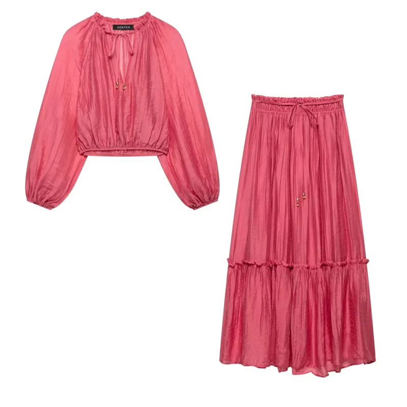 AliExpress - HH Damen-Sommerrock, 2-teiliges Set, modischer V-Ausschnitt, Falten-Effekt, kurzes Langarm-Top + lockerer Rock mit hoher Taille und 