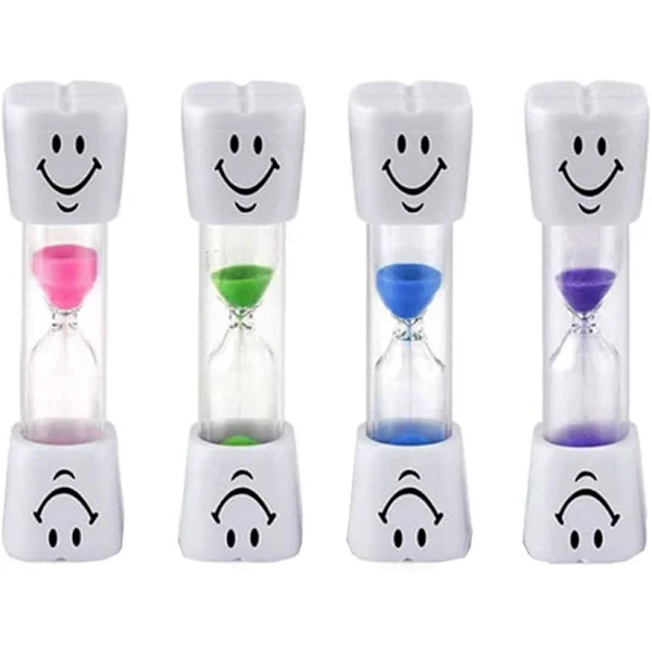 4 tannbørstetimer, timeglass, 3-minutters timeglass, smilende timeglass og riktige tannbørsteteknikker for barn.
