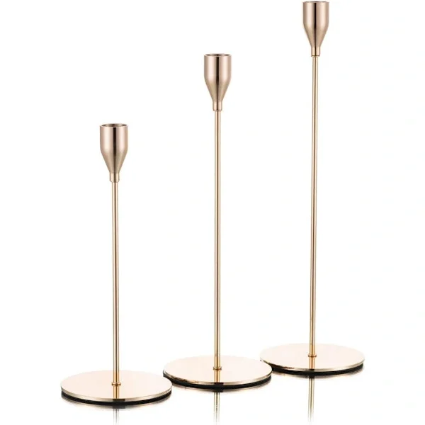 Guld Ljusstake Ljushållare, Set med 3 Ljushållare, Mässing Guld Hög Ljusstake Set, Vintage Modern Dekorativ Mittpunkt för