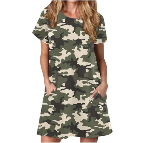 QLEICOM Kvinders Sommer Casual T-shirt Kjoler O-hals Korte Ærmer Løs Kjole Solkjole med Lommer Army Grøn C XL, US Størrelse: 10