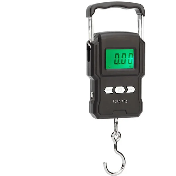Svart fiskevåg. 75 kg hängande bagagevåg. Elektronisk fiskevåg med bakgrundsbelyst LCD-display. Måttband