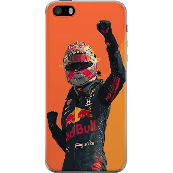 Yhteensopiva Puhelinkuori Apple iPhone SE (2016) Max Verstappen juhlii voittoa kilpailuhaalarissa oranssilla taustalla, energinen moottoripyörätapaht