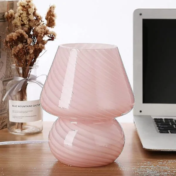 Rosa sopplampe, glass nattbordslamper med sopp, gjennomsiktig Murano, stripete vintage stil