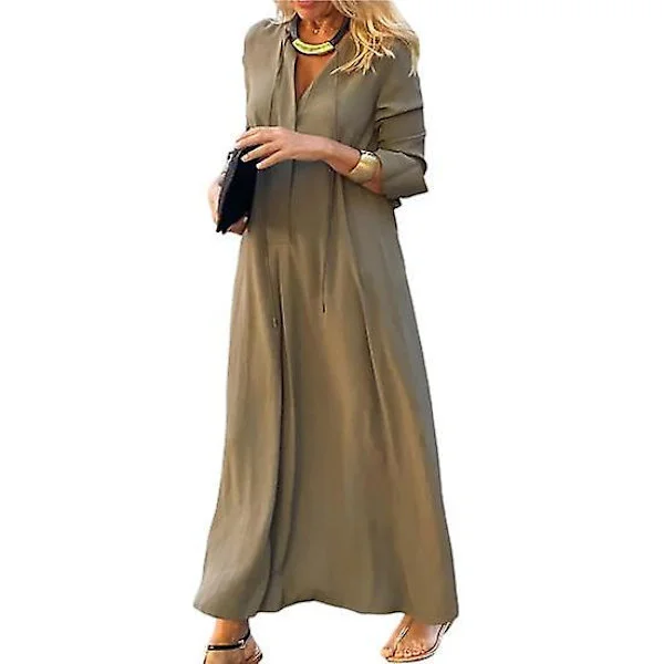 Skjortekjole Høy Midje Varm Hudvennlig Populær Dame Ensfarget Pullover Høst Lang Kjole for Ferie tan tan_yux tan