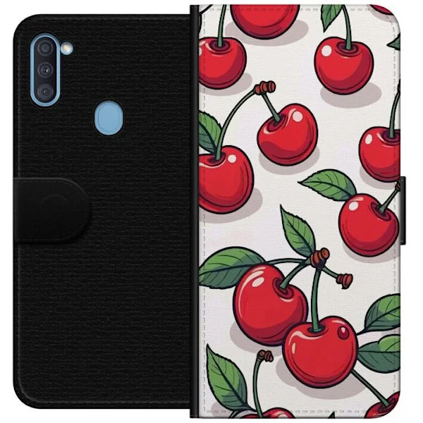 Kompatibelt Plånboksfodral till Samsung Galaxy A11 Tecknat körsbärsmönster med röda bär och gröna blad i färgstark retrostil