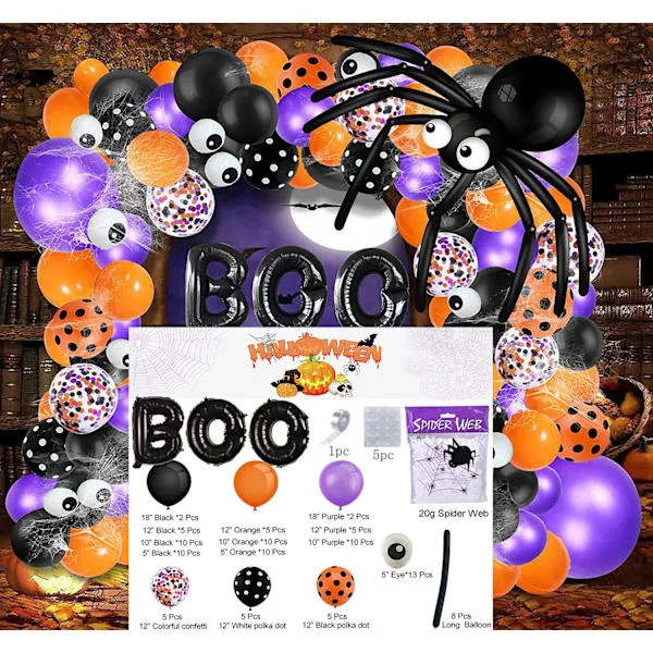 Halloween Ballong Garland Bue Kit med Halloween Spindelnett Svart Oransje Grå Ballong Spindel Ballong for Halloween Festdekorasjon