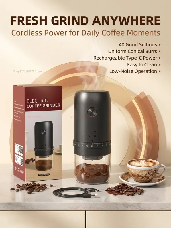 AliExpress - Moulin à café électrique rechargeable, 40 réglages de mouture, batterie 1800 mAh, moulin à café portable pour les voyages et la maison