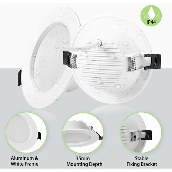 Pakke med 10 Ekstra Flat IP44 Innfelte LED-spotter, Integrert LED-spot 5W 310LM, 3000K Varmhvit, Ultratynn 35MM Innfelt Spot, Diameter