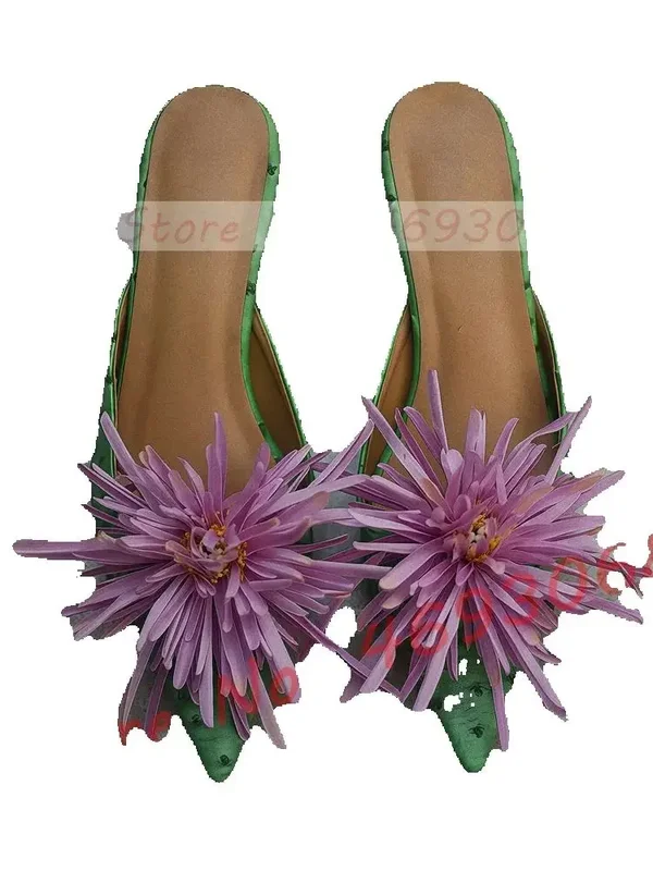 AliExpress - Grüne Mules mit mittelhohem Absatz und Blumenapplikationen, elegante offene spitze Pantoletten für Damen, stilvolle Schuhe mit 