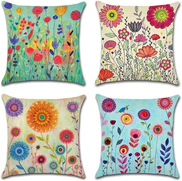 (SC) Set of 4 Decorative Pillowcases 45x45cm, Floral Pattern Waterproof Throw Pillows, Perfect for Patio Bench