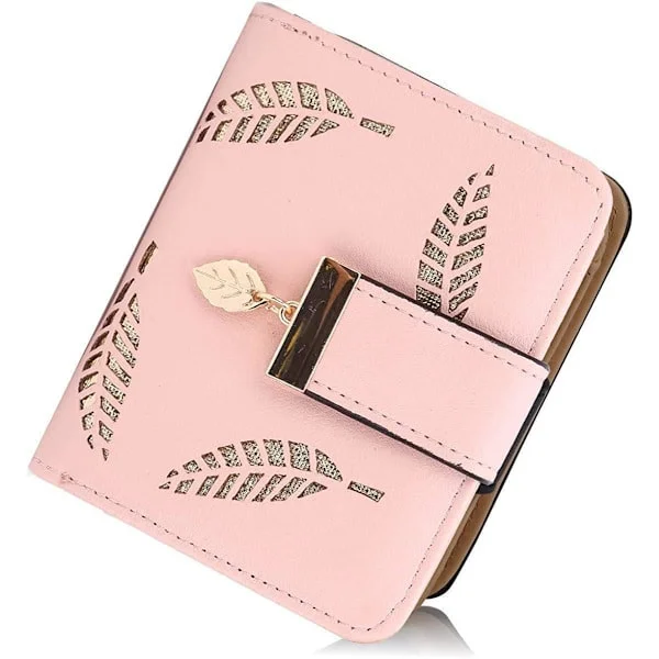 Small Leather Women's Wallet with Two Compartments, Wallet with Cash/ID/Credit Card Slots, Hollow Leaf, Vegan Coin Purse for Women with Zipper Pink 