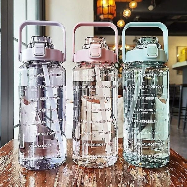 2L Portable Water Bottle Large Capacity Fitness Water Jug with Time Marker Pink
