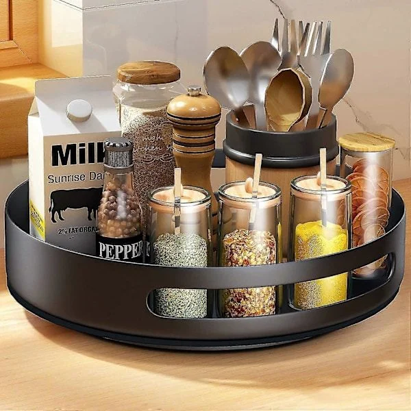 Lazy Susan Rotating Tray, Sayzh Rotating Tray Organizer, Spice Rack Rotating For Kitchen Storage Cabinet Countertop, Metal Steel, 25 cm, Black