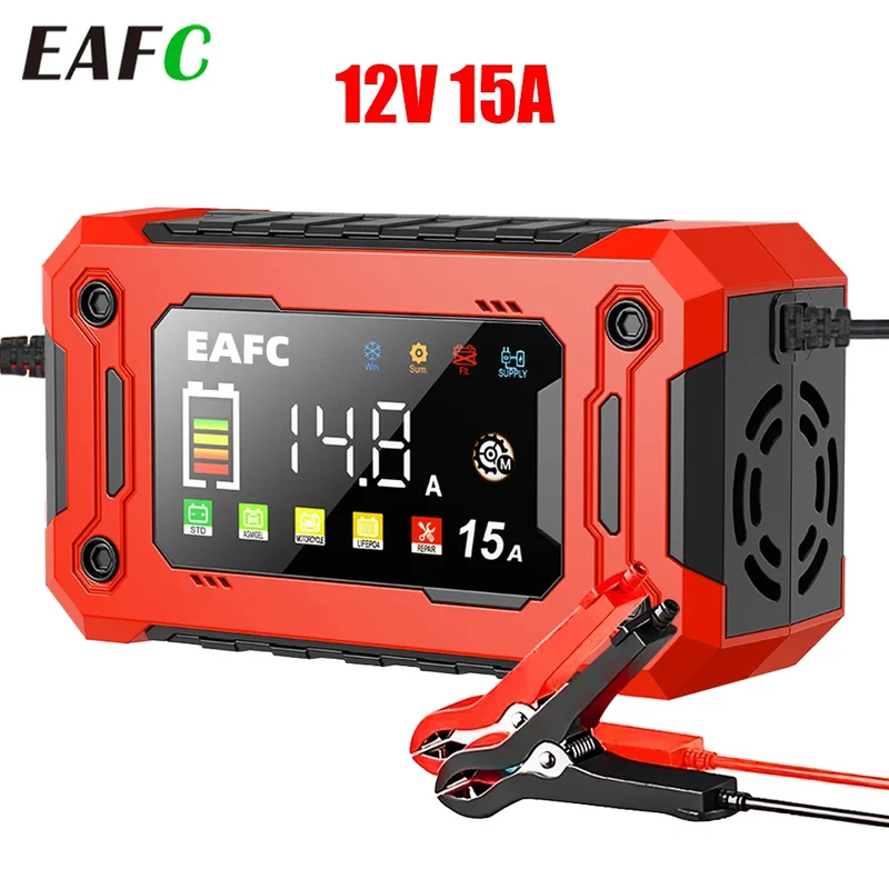 AliExpress - EAFC 12V 15A Auto-acculader met groot scherm, pulsreparatie-oplader voor auto, motor, SUV, lithium, AGM, loodzuur, GEL, LCD-display