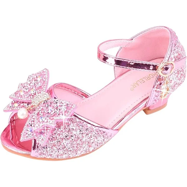 Prinsessesko til piger i alderen 2-8 år, elegante dansesko med hæl, peep-toe festsko, cosplay sko, glitter bryllupssko med sløjfe.