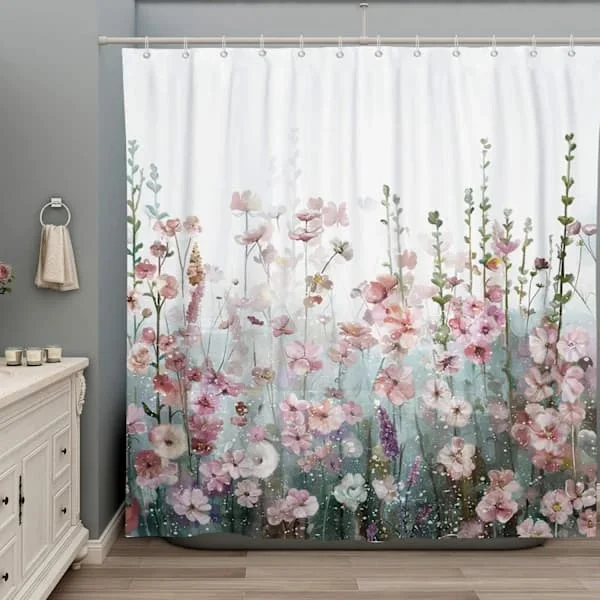 Farverigt blomstret badeforhæng badeværelse lyserødt blomstret romantisk vildt