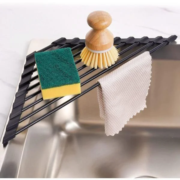 Small Triangular Foldable Dish Drying Rack with Silicone Coating, Stainless Steel Frame for Sink Corner, Multifunctional Drain Rack (Black)