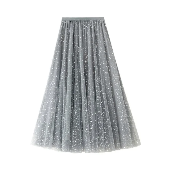 Dame Overlay Lager Tyllskørt Elastisk Høj Talje A-Linje Midiskørter Glitter Mesh Chiffon Plisseret Kjole