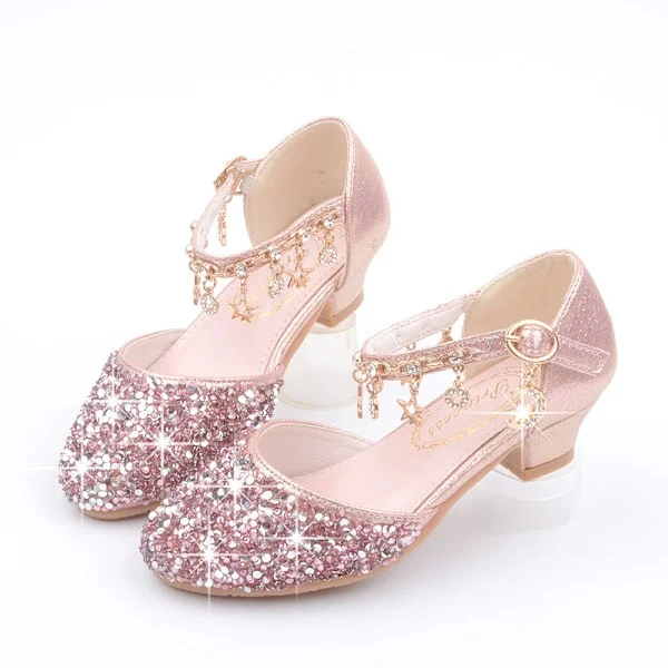 Girls Sequin Princess Low Heel Party Dance Shoes Pink 26 Pink-FF- Rose Pink