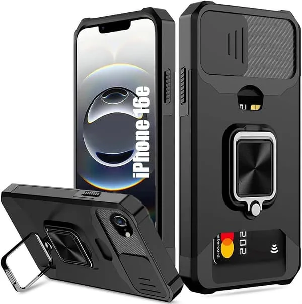 Til iPhone 17 Pro Max Cover med [Kortholder][Skydbart Kameradæksel][360° Roterende Ringstativ] Kraftigt Beskyttende Telefoncover