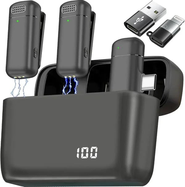 2025 Senaste Modell 2 st 3-i-1 Trådlösa Lavalier-mikrofoner för iPhone iPad USB C Android Laptop med Laddningsfodral, Clip on Lapel Mic Pl