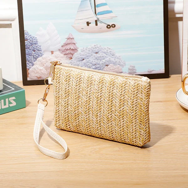 Dame PE Strå Håndveske Tote Vevd Strå Clutch Veske Dame Sommer Veske Strand Ferie Veske Brun
