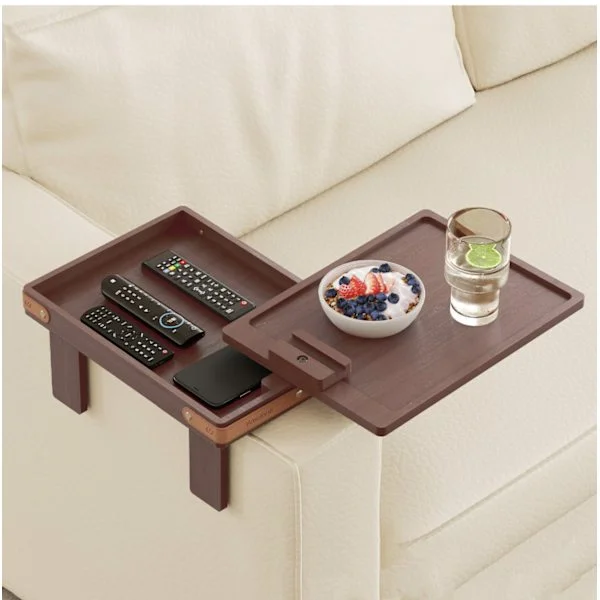 Swivel Arm Table Tray for Sofa - 2-Tier Clip-On Couch Tray with Storage Compartment - Wooden Side Table for Living Room Natural Dark Brown