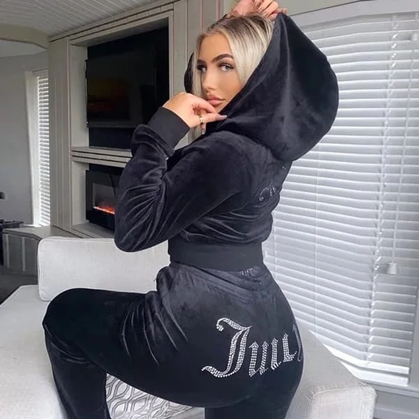 Naisten sametti Juicy verryttelypuku Couture verryttelypuku kaksiosainen setti musta musta