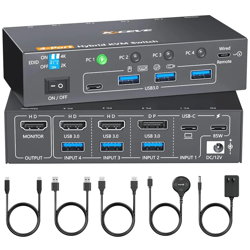 AliExpress - USB 3.0 KVM-Switch 1 Monitor 4 Computer USB-C HDMI DP, EDID-Emulato, KCEVE 4-Port-KVM-Switch 4K@60Hz für 4PC Share Keyboard Mouse