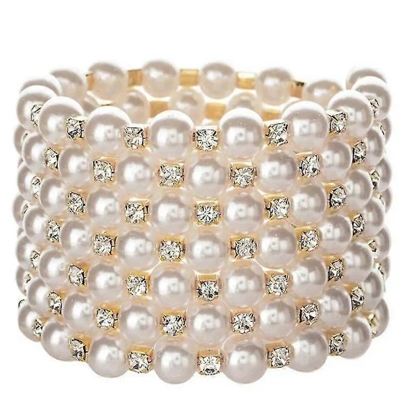 Sparkling Diamonds Pearl Elastic Bracelet - 7 Rows Art Deco Bridal Jewelry