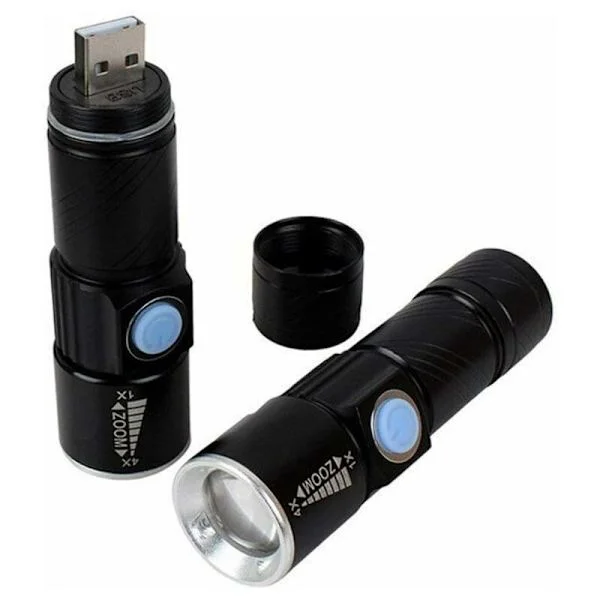 USB bærbar kraftig LED-lommelykt 3 moduser oppladbar lommelykt USB-lommelykt uttrekkbar LED-lommelykt for jakt camping svart 1 stk