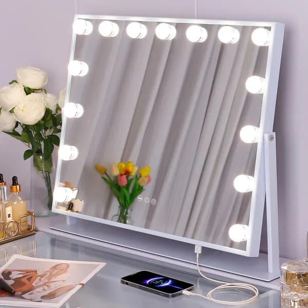 FENCHILIN Hollywood Makeup Spejl med Lys 360° Drejeligt Bordpladespejl Hvid 58 x 46cm