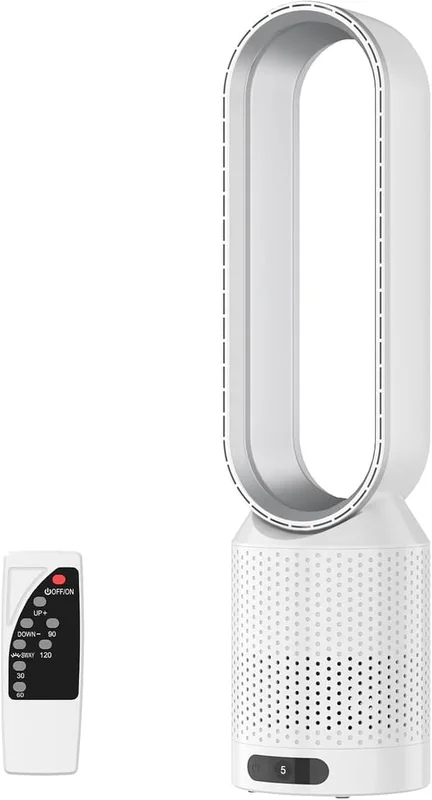 Ultra Tyst 2-i-1 Luftrenare Bladlös Fläkt med Fjärrkontroll 90 Graders Oscillation Timer 8 Hastigheter för Luftrening Inomhus(BT)