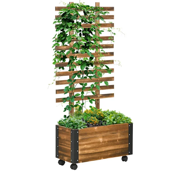 Højbed Med Espalier, Blomsterkasse Med Hjul, Plantekasse Med Espalier, Til Klatreplanter, Lavet Af Træ, Forkullede, 65 X 31 X 147 Cm