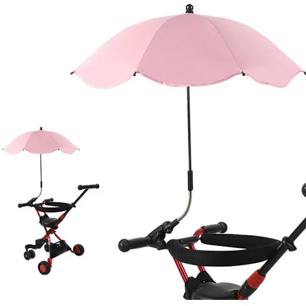 (Pink) Bærbar foldbar parasol. Parasol med universalklemme. Justerbar paraply SPF 50+ til klapvogne, strandstole og kørestole.