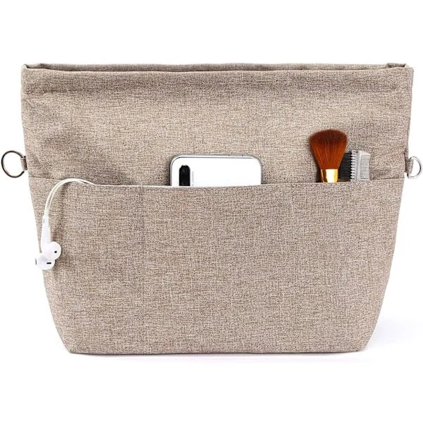 Håndveskeorganisator, Tote Bag-innsats med flere rom og glidelåser, Robust veskeinnsats med nøkkelring. Lysebrun, S S