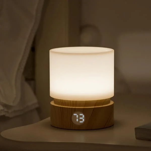 Timer nattlampe, Liten LED soveromslampe, Nattbordslampe, Barnenattlampe, Amming av spedbarn, Trestruktur, Dimbar, Batteridrevet, W