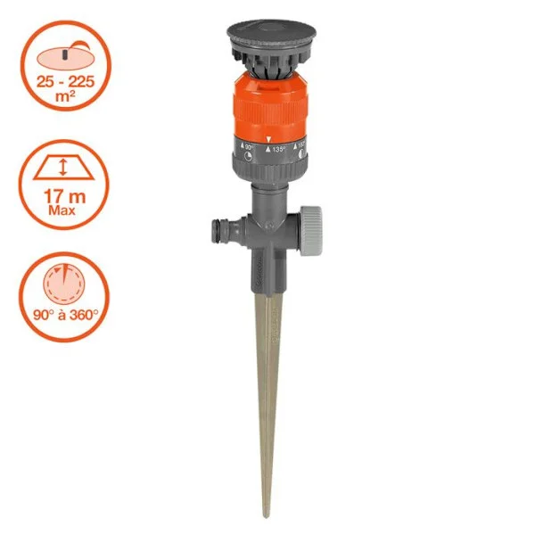 GARDENA Vario Comfort cirkulær sprinkler – Overflade max 225m² – Rækkevidde 8,5m maks – Vanding 45-360° – 5 års garanti (1949-20)