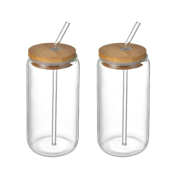 2 stk. drikkeglass med bambuslokk og sugerør, ølglass, tumblerglass, iskaffekopp for melk, kaffe, isvann, cocktail, 380 ml