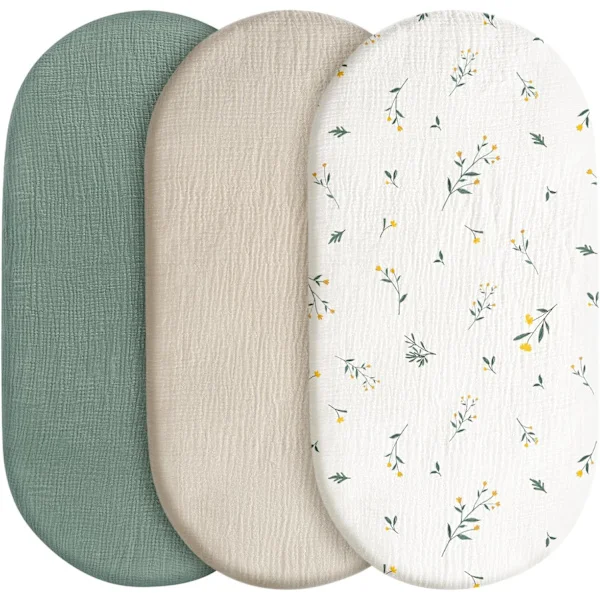 Sæt med 3 formsyede lagner, madrasbeskytter, til kravlegård, 100% bomuldsmuslin, blød, til klapvogn, babyshower gave