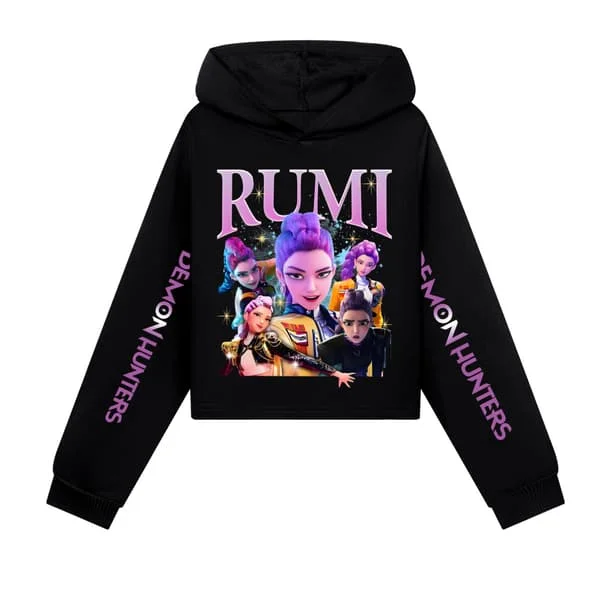 Kpop Demon Hunter Girl Cropped Hoodie with Printed Casual Suit Black XX-FF- Black XX[TT]