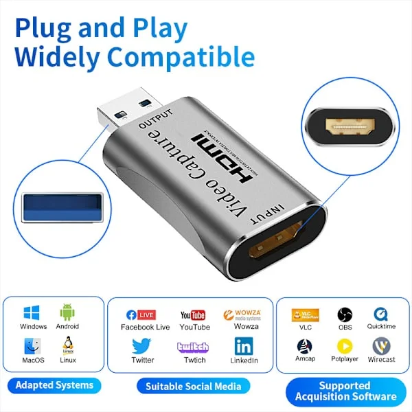 4K HDMI till USB Capture Card, Video Capture Card Enhet för Streaming, Inspelning, Spel, Undervisning, Nintendo Switch, Ps34, Xbox, Twitch Kompatibel